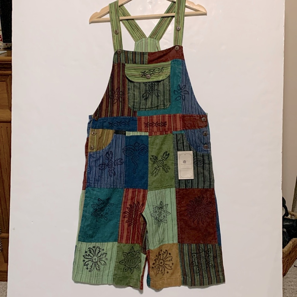 Patchwork Shortalls Hippie Overalls Size L/XL